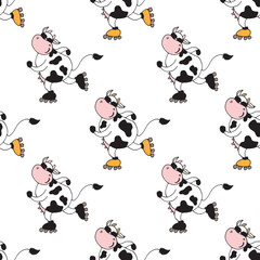 Seamless pattern of cow on roller skates. Cartoon active cows, texture with animal mascot isolated on white background. Hand drawn animals, funny wallpaper.