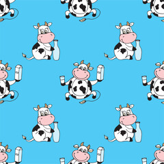 Seamless pattern with cow with milk package and glass on blue background. Happy cows and dairy products, texture wallpaper. Hand drawn design with funny domestic animal.