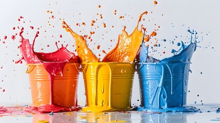 A dynamic photo of paint buckets knocked over, colorful paint splashing out in mid-air, capturing the movement and energy, on a stark white background. 