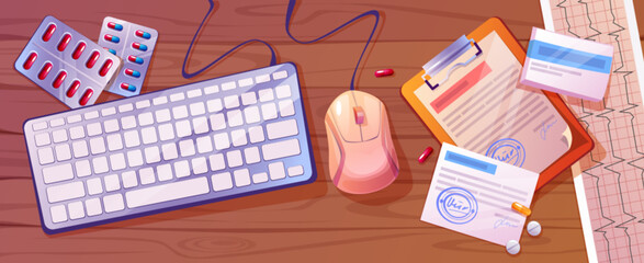 Doctor workplace top view. Vector cartoon illustration of computer keyboard and mouse on wooden desk, blister with pills and tablets, paper prescriptions, medical records on table, healthcare services - obrazy, fototapety, plakaty
