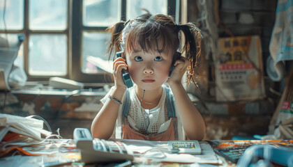 A girl in China is on a phone call at home and hears painful news, life scenes,generative ai