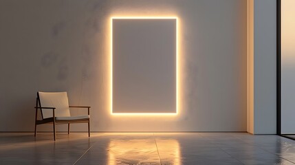 A simple white wall art frame,  light beige and grey wall. Hidden RGB lighting softly illuminates the frame, creating a stark yet warm minimalist