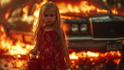 little girl holding a red gas can, devilishly smirking, standing in front of a stretch limousine in full conflagration, tires on fire, burning all over,generative ai