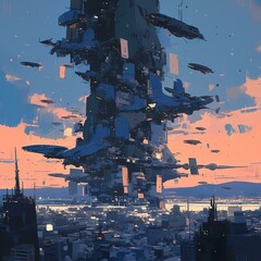 Explore the dawn of futuristic cityscapes with this captivating image showcasing a skyline teeming with floating geo-tech.