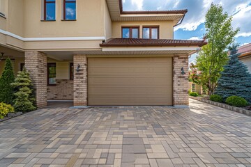 Neutral toned garage with sectional door Exterior aesthetic