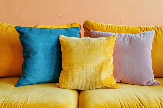 New trending PANTONE 13 1023 Peach Fuzz color for 2024 on yellow sofa with multicolored pillow