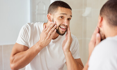 Skincare, mirror and man in house with hands on face for beard, inspection or facial hair growth....