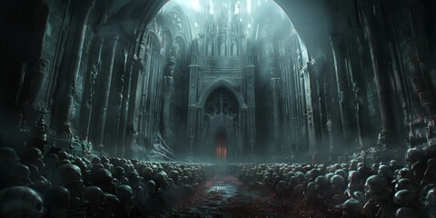 A dark cathedral made of skulls and bones, gothic arches with open doors leading inside