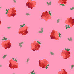 Raspberry seamless pattern on pink background. Textile, wallpaper, wrapping paper design template. Abstract red berries. Vector illustration