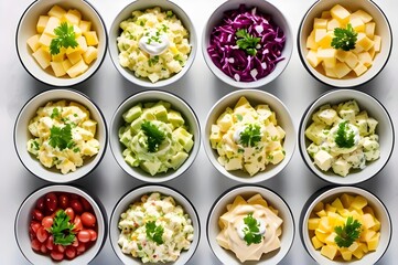 Symmetrical Arrangement of Colorful Bowls Potato Salad Elegance