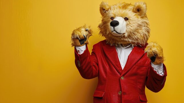 A man in a red suit and teddy bear mask is posing for a photo
