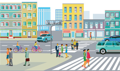 Stadtsilhouette einer Stadt mit Verkehrs und Menschen illustration