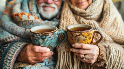 Two people holding cups of tea and a blanket - Powered by Adobe