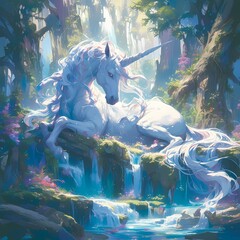 Ethereal White Unicorn Seated in Enchanted Landscape with Waterfall and Fauna