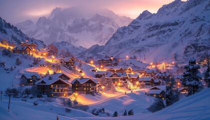 Snowy mountain village illuminated among mountains at night - Powered by Adobe