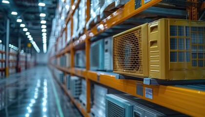 A warehouse with shelves stocked with numerous air conditioners