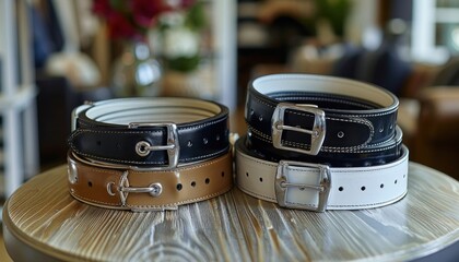 Three natural material dog collars stacked on a wooden table