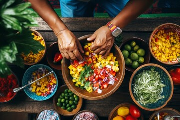
Overhead shot of a man assembling a colorful bowl of Mexican fruit salad (fruta picada) at a tropical outdoor market, surrounded by vibrant produce stalls