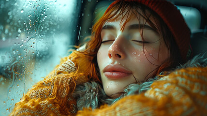 beautiful young girl sleeping in a Carvan, large glass frame, short clothes,generative ai - Powered by Adobe