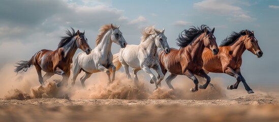 Horses running in the desert dust, front view