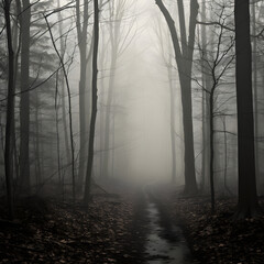 Mysterious Eerie Forest under the Menacing Overcast Sky - A Scene from the Nightmare or Fairy Tales