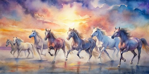 a group of horses against the sunset sky, watercolor