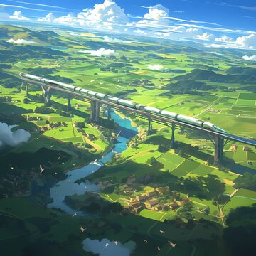 An Awe-Inspiring View of a High-Speed Rail System Nestled Among Rolling Hills and Pastoral Beauty