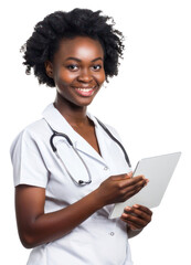 Obraz premium PNG African american woman nurse holding a tablet smiling doctor white background