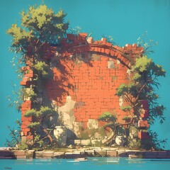 Elegant Red Brick Ruin by Seaside, with Overgrown Plants in Artistic Style, Perfect for Vintage Aesthetics and Nostalgia