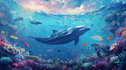 Underwater World Illustrate a thumbnail highlighting the wonders of the underwater world, with illustrations of marine animals such as fish, dolphins, turtles, and coral reefs, to celebrate the beauty