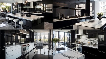 A sleek black and white kitchen with high gloss cabinets, marble countertops, and stainless steel appliances.