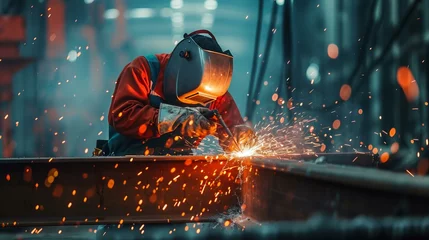 Poster A welder at work on a construction site, welding a beam with precision The sparks and intense light from the welding process illuminate the scene, AI Generative © sorapop