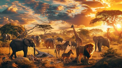 African Safari Create a thumbnail featuring iconic African wildlife such as lions, elephants, giraffes, and zebras in their natural habitat, evoking the excitement and adventure of an African safari