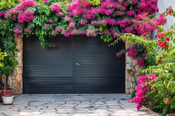 Fototapeta na wymiar Modern garage door in private yard with flowers roller door with handle