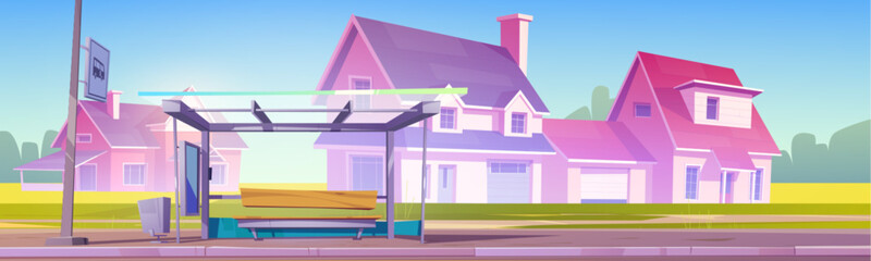 Neighborhood bus stop for tourist travel vector illustration. Public vehicle station on route in village for sightseeing background. Residential suburb landscape, asphalt sidewalk and villa exterior - obrazy, fototapety, plakaty