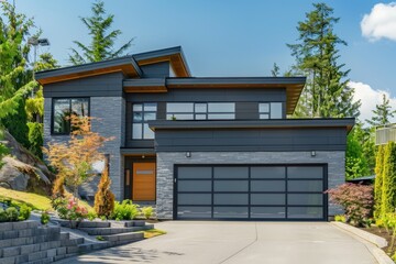 Modern garage with sectional door in front of summer landscape near residential house