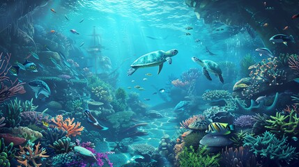 Fototapeta na wymiar Underwater Exploration Illustrate a thumbnail depicting a diverse array of marine life in an underwater ecosystem, including fish, corals, sea turtles, and other aquatic creatures, to highlight the be