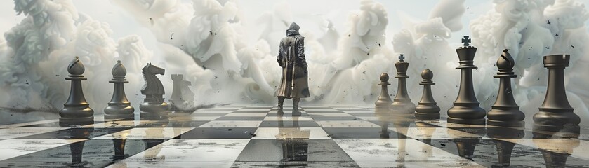 A huge chessboard scene with a figure dressed in fashionable clothes, the strategic patterns highlighted in a C4D rendering against a white background no clor splash - obrazy, fototapety, plakaty