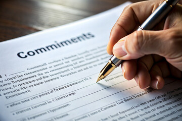Close-up of Hand Signing Document: Detailed close-ups of a hand holding a pen and signing a contract or document, symbolizing legal agreements, commitments, and formalities.
