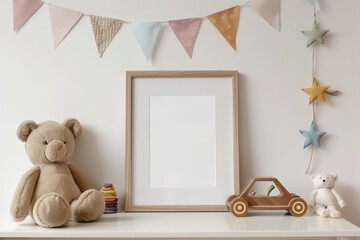 Modern scandinavian nursery with mock up frame toys and decor Template Blank