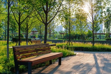 Modern park bench and young trees in city park with landscaping for new relax area embracing eco city landscape concept