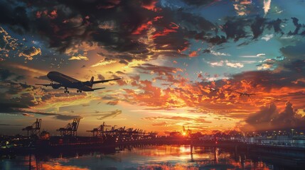 A dynamic visual montage showcasing diverse transportation modes, including air cargo, sea freight, and over-the-road trucking against a vivid sunset.