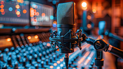 Professional microphone in recording studio, voice-overs and recorders