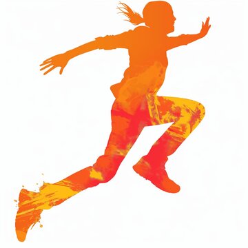 Silhouette of a person leaping with dynamic orange and yellow paint splashes, conveying vitality and freedom.