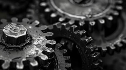  A macro shot revealing the intricate details and fine craftsmanship of interlocking metal gears in monochrome tones.