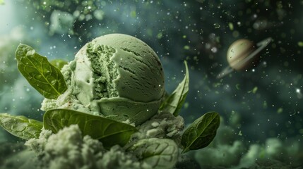 The scoops of spinach ice cream flying in the cosmos like a planet, copy space - Powered by Adobe