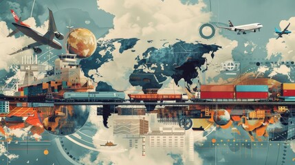 A montage depicting various modes of transportation—truck, plane, ship, and train—highlighting the interconnectedness of global logistics - obrazy, fototapety, plakaty