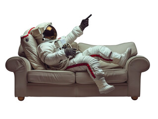 AI generated image, Astronaut sitting on sofa holding TV remote, watching TV, relaxing PNG transparent, isolated on transparent background