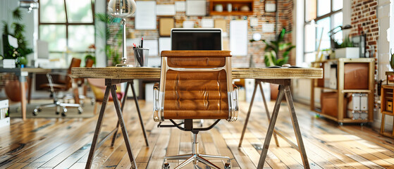 Modern Home Office, Sleek Wooden Desk and Stylish Chair, Minimalist Workspace Design