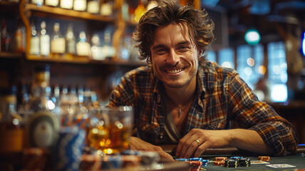Man sitting at table playing poker with poker cards and chips visible drinking whisky smiling,generative ai